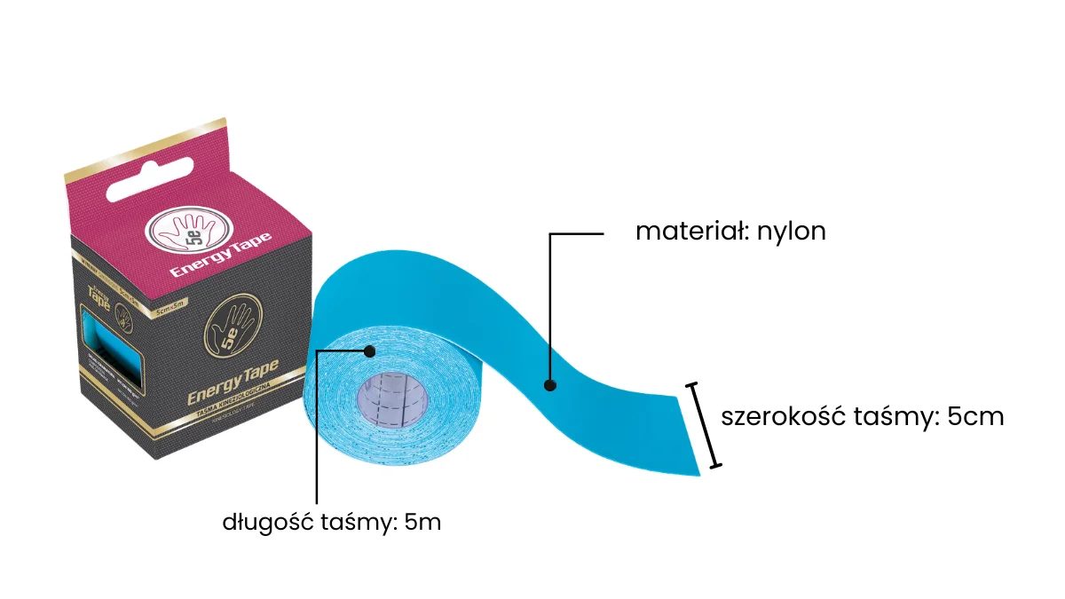 Wymiary (5cm x 5m) i pudełko tejpów nylonowych 5e ENERGY w kolorze niebieskim.